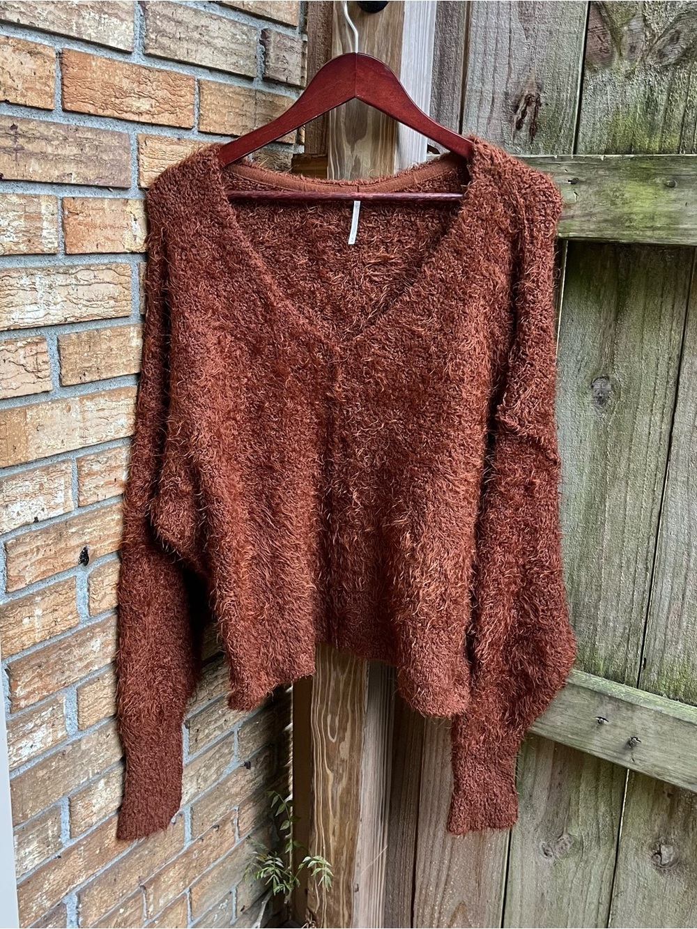 Free People Oversized Rust Brown V-Neck Fuzzy Pullover Sweater